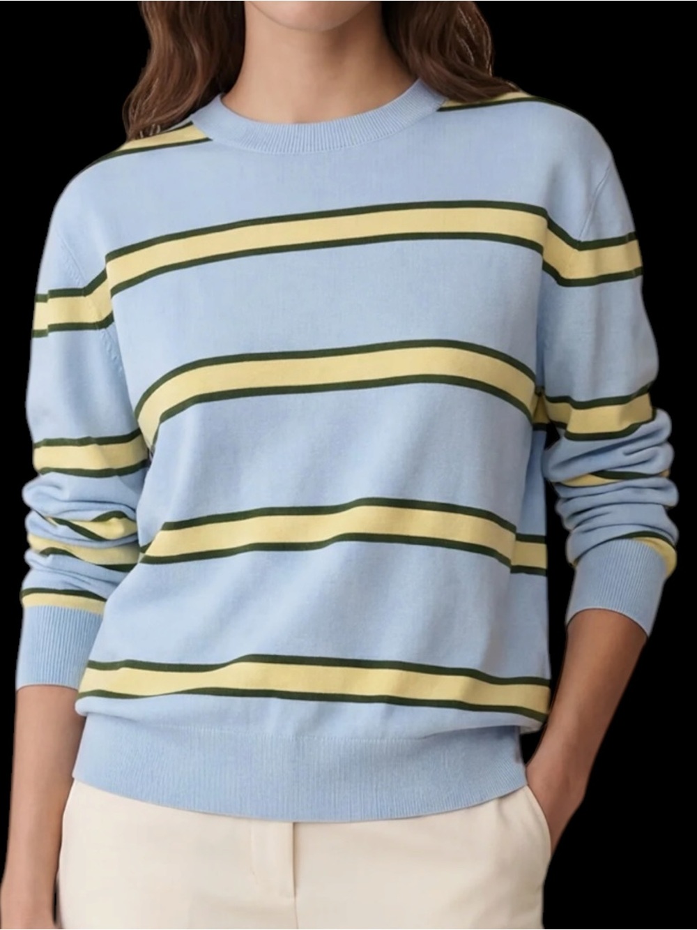 Few Moda Caara Light Blue Yellow Green Striped Crewneck Sailor Sweater NWT